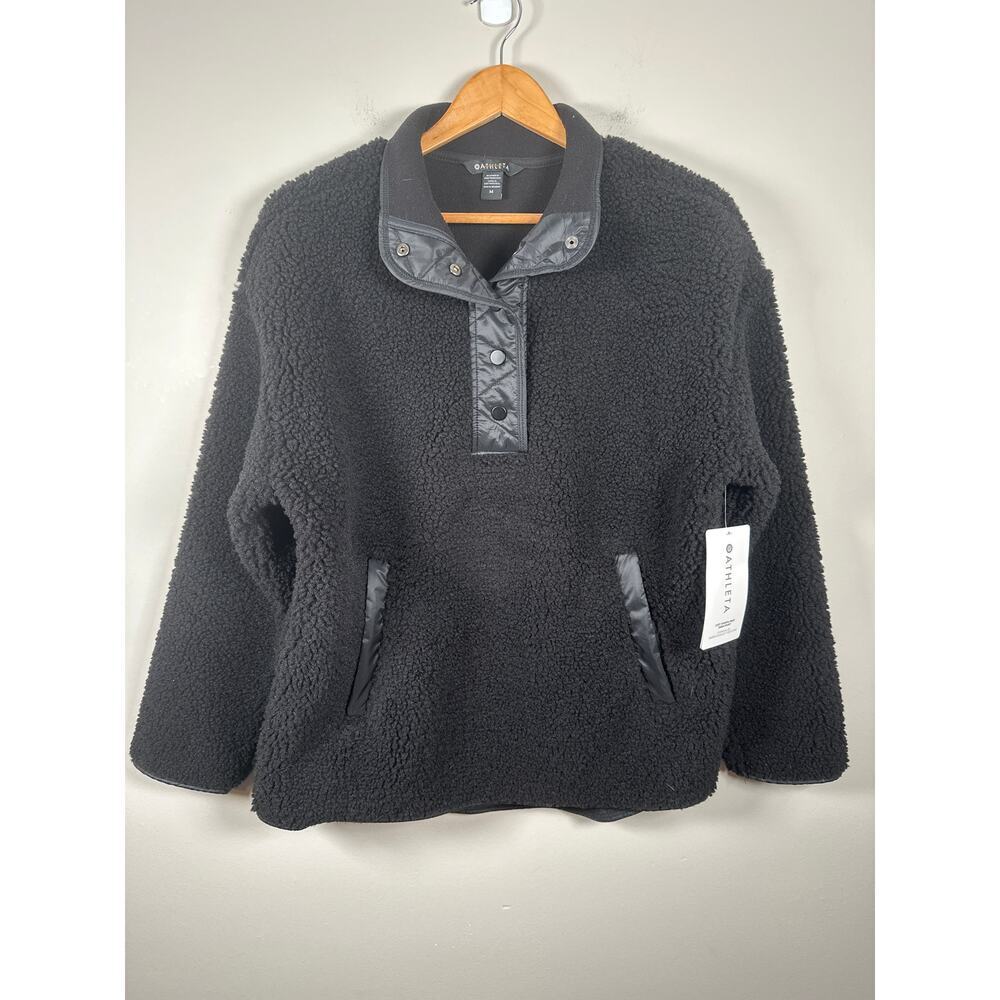Athleta‎ Cozy Sherpa Snap Sweatshirt NEW Size Medium Black Front Pocket